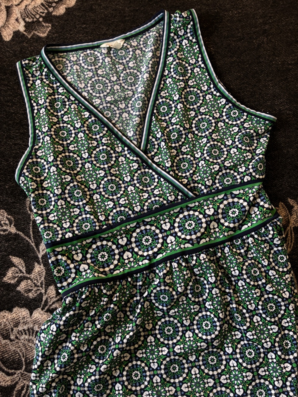 Max Studio Green, Navy & White Floral Mosaic Midi Dress